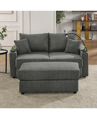 Modern Sofa, Storage & Ottoman, Comfy Grey Couch w/ Cup Holders & Chargers