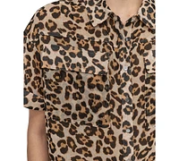 Dkny Petite Printed Short-Sleeve Button-Front Shirt