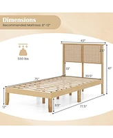 Gymax Twin Size Bed Frame w/ Rattan Headboard 10 Solid Wood Legs & 12 Wooden Slats