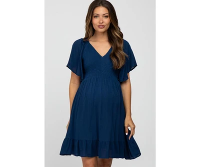 Pinkblush Maternity Navy Blue Smocked Front Ruffle Hem Dress