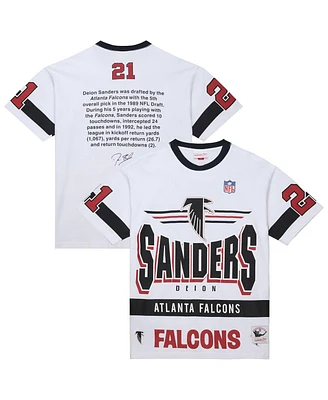 Mitchell & Ness Men's Deion Sanders White Atlanta Falcons Name Number Team Origins Vintage Logo T-Shirt
