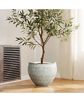 LuxenHome White with Gold V-Pattern Polyresin 12-Inch Round Planter