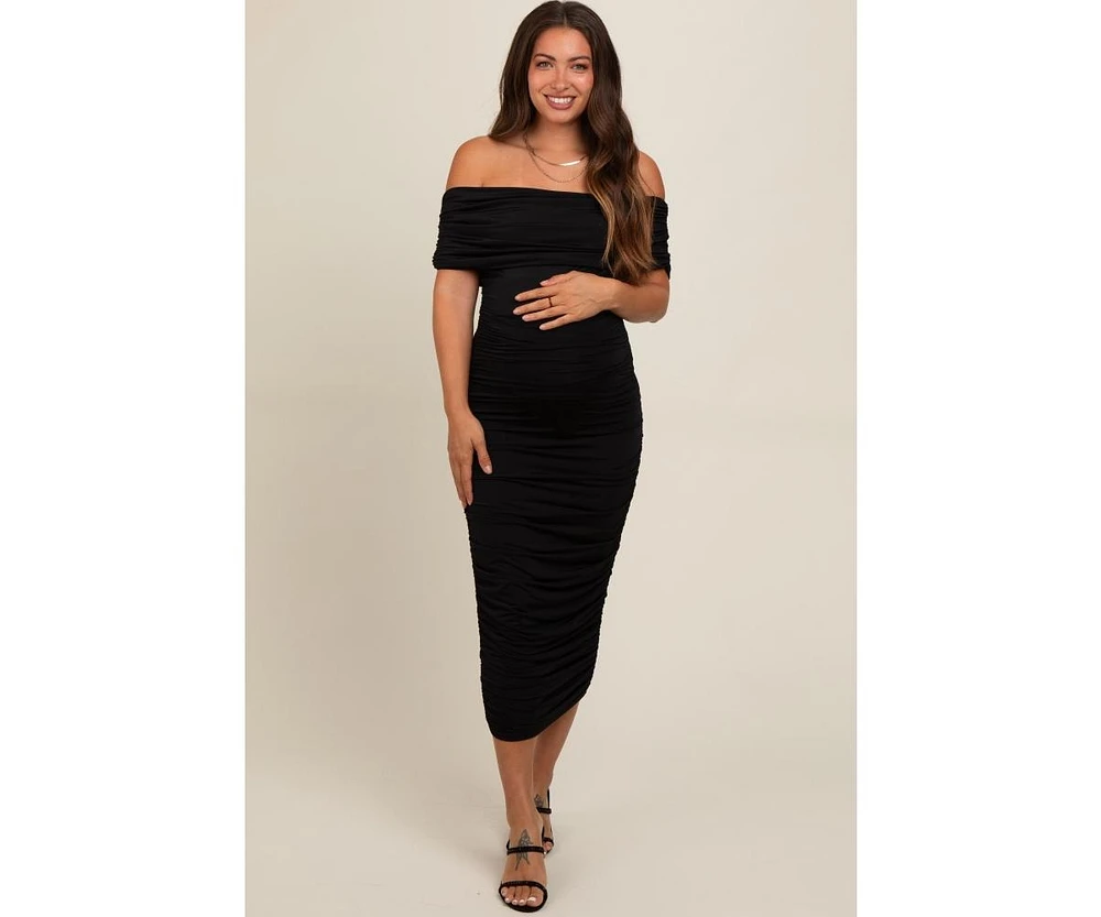 Pinkblush Maternity Black Off Shoulder Ruched Midi Dress