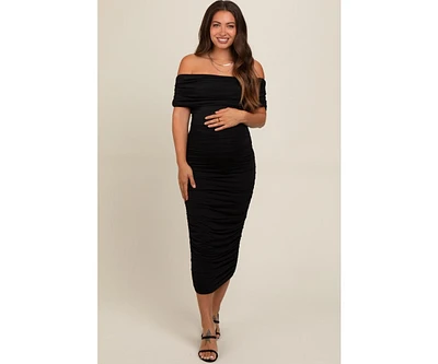 Pinkblush Maternity Black Off Shoulder Ruched Midi Dress