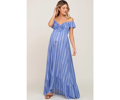 Pinkblush Maternity Blue Striped Off Shoulder Front Tie Maxi Dress