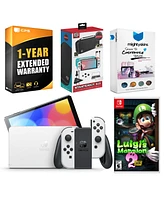 Nintendo Switch White Oled Console with Luigi s Mansion 2 Hd, Surge Accessory Gaming Kit, MightySkins Console and Controller Skin Voucher, and 1 Year