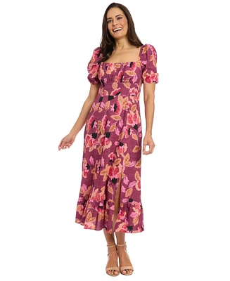 London Times Women's Printed Square-Neck Puff-Sleeve Dress