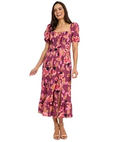 London Times Women's Printed Square-Neck Puff-Sleeve Dress