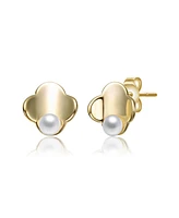 14K Gold Plated with White Pearl Clover Stud Earrings