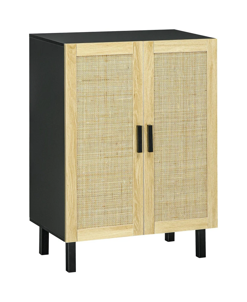 Sideboard Buffet Cabinet, Kitchen Cabinet, Coffee Bar Cabinet with 2 Rattan Doors and Adjustable Shelves, Black and Natural