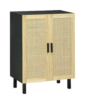 Sideboard Buffet Cabinet, Kitchen Cabinet, Coffee Bar Cabinet with 2 Rattan Doors and Adjustable Shelves, Black and Natural