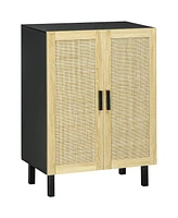 Sideboard Buffet Cabinet, Kitchen Cabinet, Coffee Bar Cabinet with 2 Rattan Doors and Adjustable Shelves, Black and Natural