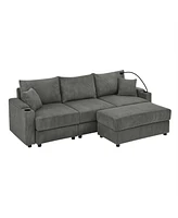 Modern L-Shaped Couch with Ottoman & Storage: Grey Corduroy