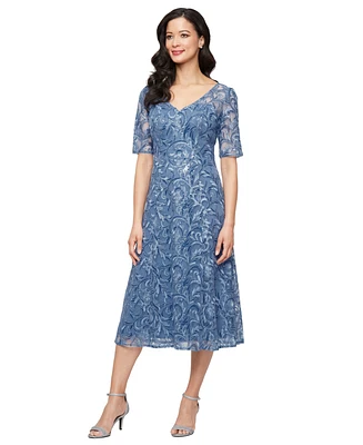 Alex Evenings Women's Short-Sleeve Stretch Tulle Midi Dress
