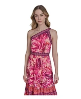 Eliza J Women's Mixed-Print One-Shoulder Tiered Midi Dress