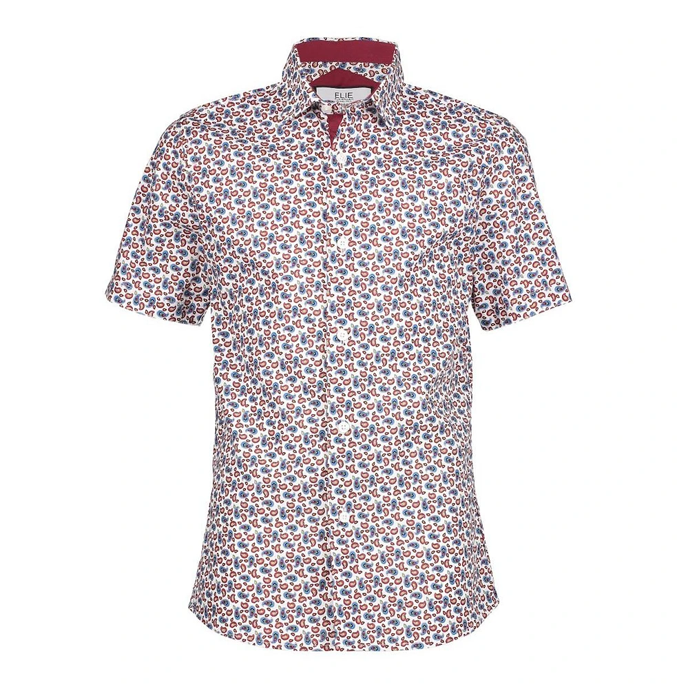 Elie Balleh Big Boys White Short Sleeve Navy Paisley Slim Fit Shirt