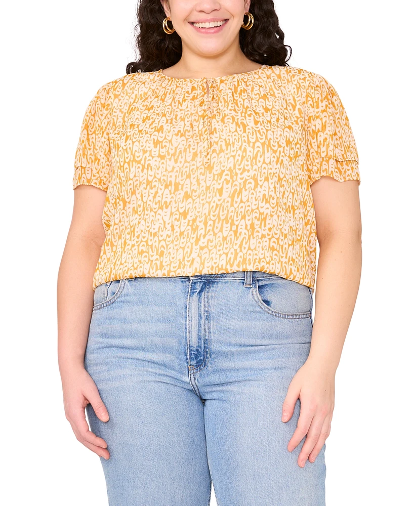 Vince Camuto Plus Printed Split-Neck Flutter-Sleeve Blouse