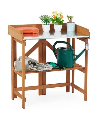 Folding Wooden Garden Work Bench with Shelves