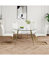 Glass Table & 4 White Pu Chairs - Gold Legs