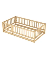 Montessori Twin Floor Bed with Fence and Door (Natural)