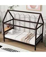 Twin House Bed with Headboard and Footboard, Twin Rubber Wood Bed with House Frame,Esspresso