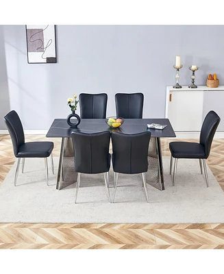 Elegant Black Marble Dining Set: Tabletop, Butterfly Legs, 6 Pu Chairs