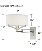 Tremont Modern Swing Arm Wall Lamp Brushed Nickel Silver Metal Plug-in 12" Fixture White Drum Shade for Bedroom Bedside Living Room Hallway Dinin