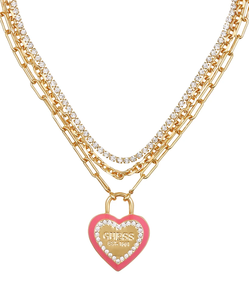 Guess Gold-Tone Crystal Logo Heart Layered Pendant Necklace, 18" + 2" extender