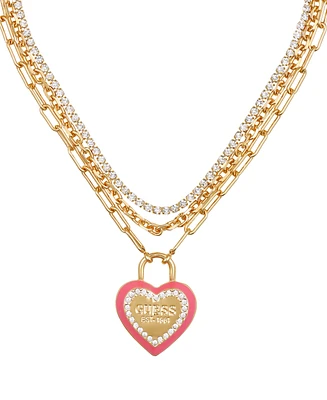 Guess Gold-Tone Crystal Logo Heart Layered Pendant Necklace, 18" + 2" extender