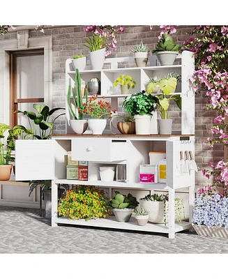 Fir Wood Potting Bench with Hutch & Shelves