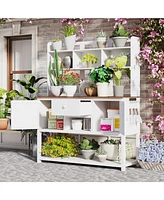 Fir Wood Potting Bench with Hutch & Shelves