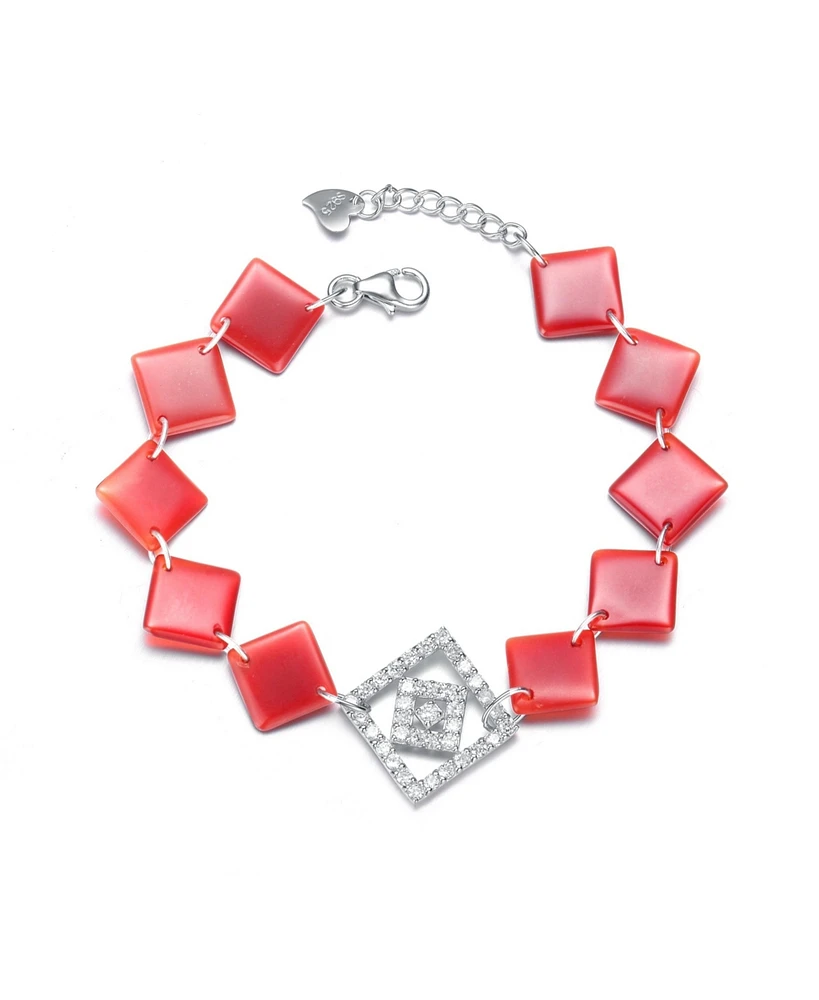 Sterling Silver White Gold Plating with Clear Cubic Zirconia Red Square Bracelet