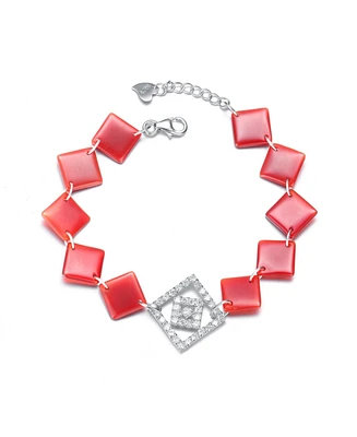Sterling Silver White Gold Plating with Clear Cubic Zirconia Red Square Bracelet