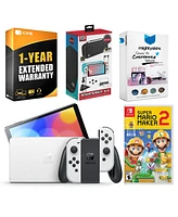 Nintendo Switch White Oled Console with Mario Maker 2, Surge Accessory Gaming Kit, MightySkins Console and Controller Skin Voucher, and 1 Year Cps Ext