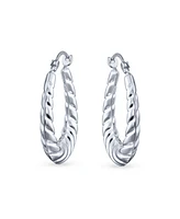 Bling Jewelry Boho Tribal Lightweight Hollow Puff Ribbed Scalloped Twist Rope Cable Style Oval Tube Hoop Earrings .925 Sterling Silver Medium Size Hoo