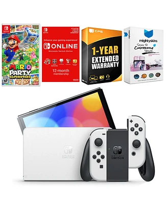Nintendo Switch White Oled Console with Mario Party Superstars, Nso 12 Month Family Membership, MightySkins Console and Controller Skin Voucher, and 1
