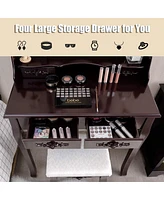 Makeup Dressing Table with Touch Switch Lighted Mirror and Cushioned Stool