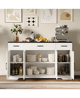 55"Modern Farmhouse Sideboard Cabinet with 4 Doors & Drawers, Rustic White Wood Coffee Bar Buffet with Adjustable Shelves, Kitchen Storage Cabine