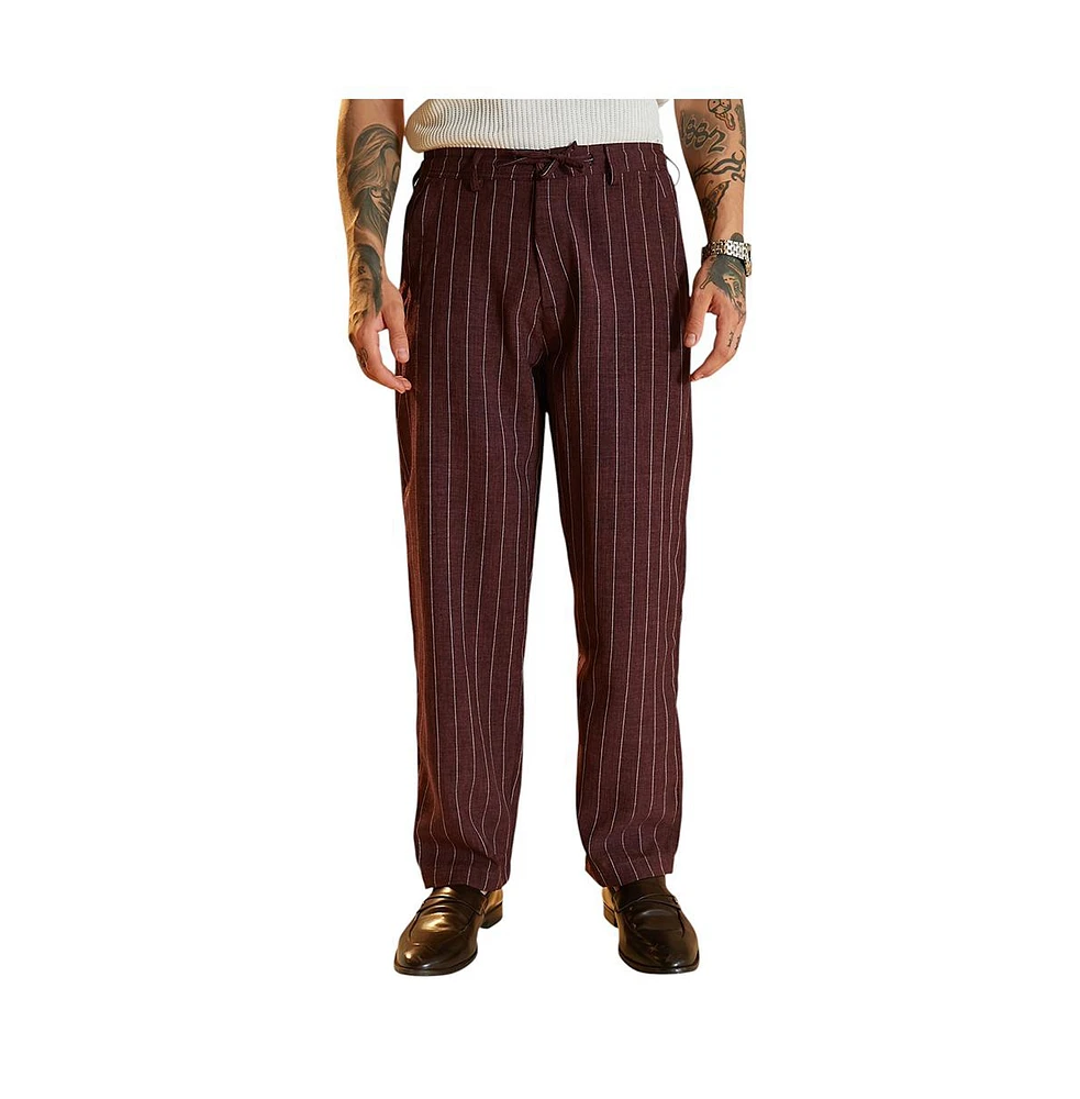 Campus Sutra Men's Chocolate Brown Pinstriped Chino Trousers