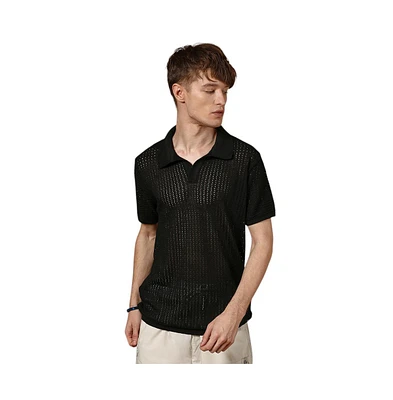 Campus Sutra Men's Raven Black Textured-Knit Polo T-Shirt