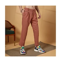 Campus Sutra Men's Terracotta Brown Crinkled Tailored Trousers