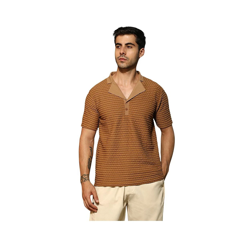 Campus Sutra Men's Coffee Brown Crease-Tactile Cuban Polo T-Shirt