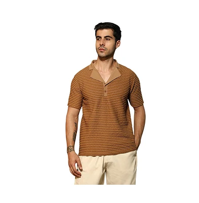 Campus Sutra Men's Coffee Brown Crease-Tactile Cuban Polo T-Shirt