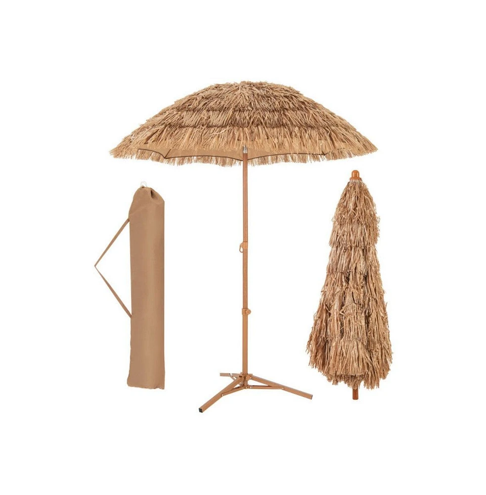 6.5 Feet Thatched Tiki Umbrella with Foldable Stand Push Button Tilt