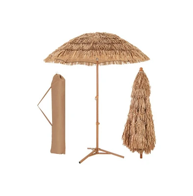 6.5 Feet Thatched Tiki Umbrella with Foldable Stand Push Button Tilt