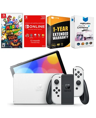 Nintendo Switch White Oled Console with Super Mario 3D World + Bowser s Fury , Nso 12 Month Family Membership
