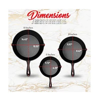 NutriChef Cast Iron Skillet Pan Set - 3 Pre-Seasoned Skillets (6", 8", 10") with Scraper