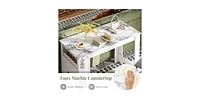 Bar Table Faux Marble Pub Table with 7 Hanging Hooks Compartment