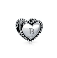 Bling Jewelry Milgrain Edge Heart Shape Charm Bead Oxidized .925 Sterling Silver Fits European Bracelet