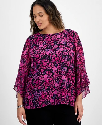 Kasper Plus Bell-Sleeve Ditsy-Print Top
